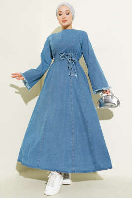 Bel İpli Püskül Detay Kot Elbise Açık Mavi - BERAT TEKSTİL