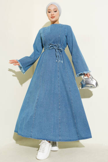 Bel İpli Püskül Detay Kot Elbise Açık Mavi - Elbise