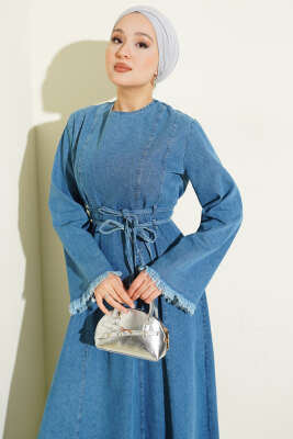 Bel İpli Püskül Detay Kot Elbise Açık Mavi - Elbise