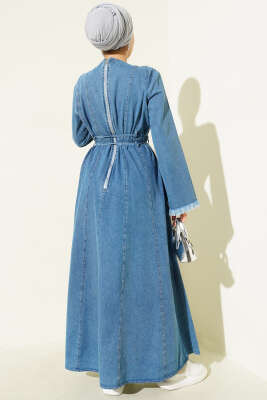 Bel İpli Püskül Detay Kot Elbise Açık Mavi - Elbise