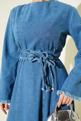 Bel İpli Püskül Detay Kot Elbise Açık Mavi - Elbise