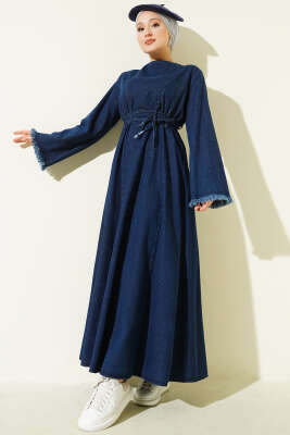 Bel İpli Püskül Detay Kot Elbise Mavi - BERAT TEKSTİL