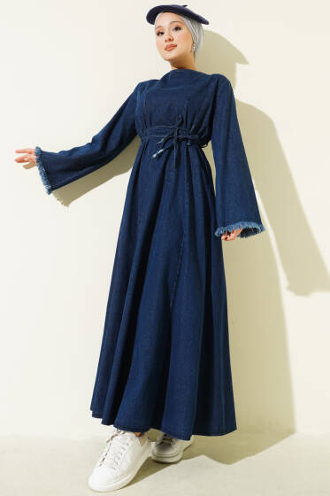 Bel İpli Püskül Detay Kot Elbise Mavi - Elbise