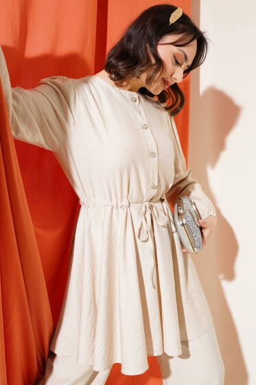 Bel İpli Taş Düğmeli Tunik İkili Takım Bej - İkili Takım