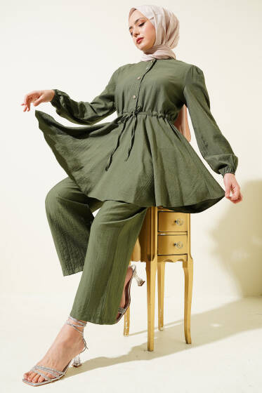 Bel İpli Taş Düğmeli Tunik İkili Takım Haki - İkili Takım