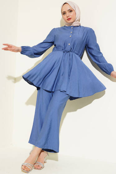 Bel İpli Taş Düğmeli Tunik İkili Takım İndigo - İkili Takım