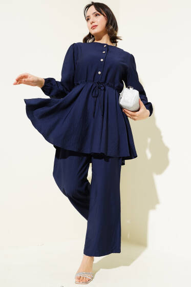 Bel İpli Taş Düğmeli Tunik İkili Takım Lacivert - İkili Takım