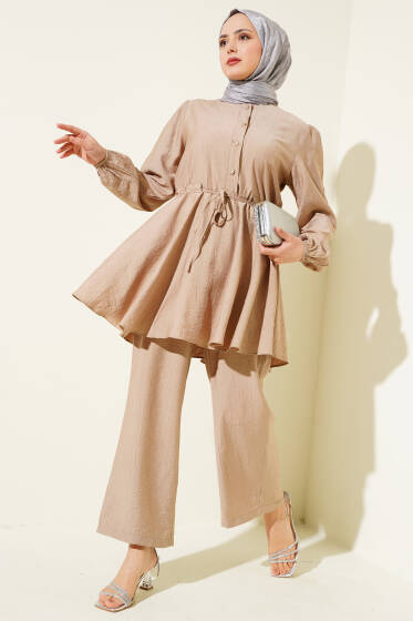 Bel İpli Taş Düğmeli Tunik İkili Takım Latte - İkili Takım