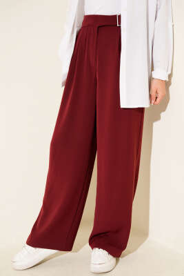 Bel Kemer Tokalı Palazzo Pantolon Bordo - Pantolon