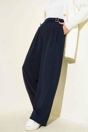 Bel Kemer Tokalı Palazzo Pantolon Lacivert - Pantolon