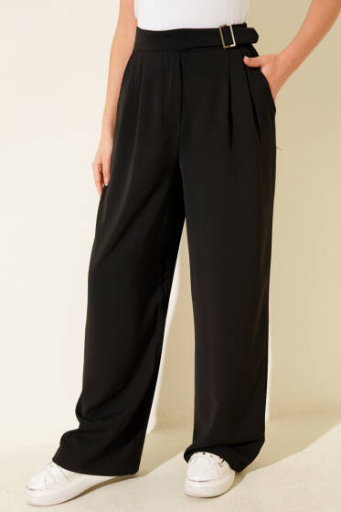 Bel Kemer Tokalı Palazzo Pantolon Siyah - Pantolon