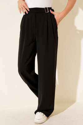 Bel Kemer Tokalı Palazzo Pantolon Siyah - Pantolon