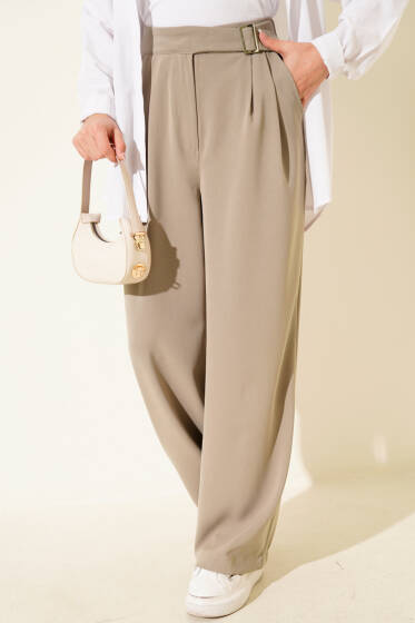 Bel Kemer Tokalı Palazzo Pantolon Vizon - Pantolon