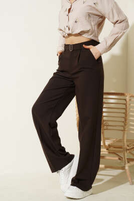 Bel Kemerli Pileli Salaş Pantolon Kahve - NEFİSE