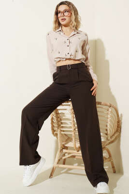 Bel Kemerli Pileli Salaş Pantolon Kahve - Kadın Giyim Modelleri