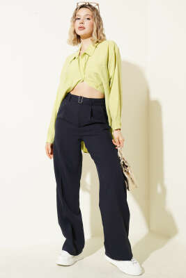 Bel Kemerli Pileli Salaş Pantolon Lacivert - Kadın Giyim Modelleri