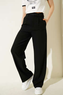 Bel Kemerli Pileli Salaş Pantolon Siyah - NEFİSE