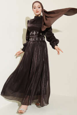 Bel Korse Detaylı Taşlı Abiye Elbise Acı Kahve 