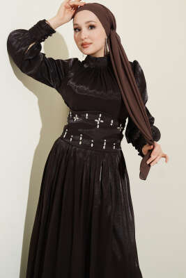 Bel Korse Detaylı Taşlı Abiye Elbise Acı Kahve - Elbise