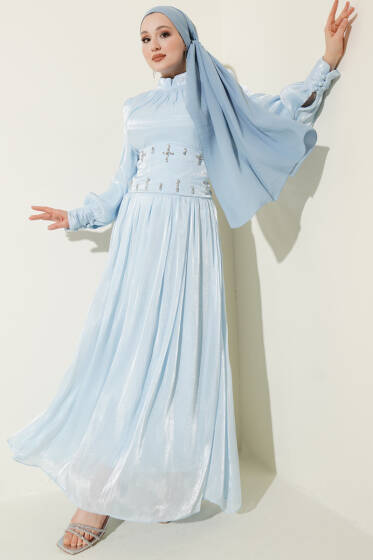 Bel Korse Detaylı Taşlı Abiye Elbise Bebe Mavi - Elbise
