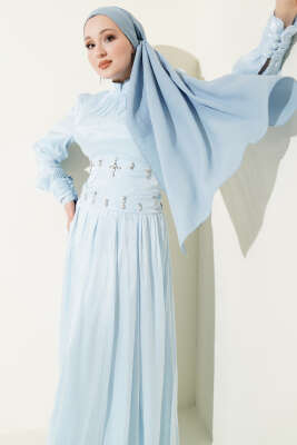 Bel Korse Detaylı Taşlı Abiye Elbise Bebe Mavi - Elbise