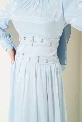 Bel Korse Detaylı Taşlı Abiye Elbise Bebe Mavi - Elbise