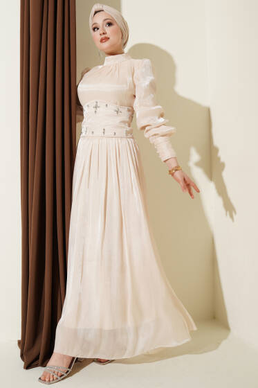 Bel Korse Detaylı Taşlı Abiye Elbise Bej - Elbise