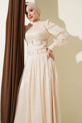 Bel Korse Detaylı Taşlı Abiye Elbise Bej - Elbise