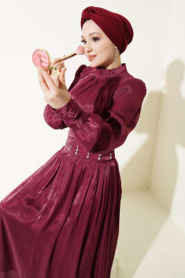 Bel Korse Detaylı Taşlı Abiye Elbise Bordo - Elbise