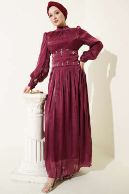 Bel Korse Detaylı Taşlı Abiye Elbise Bordo - Elbise