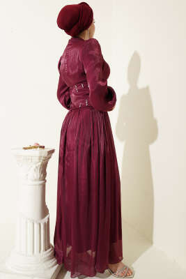 Bel Korse Detaylı Taşlı Abiye Elbise Bordo - Elbise