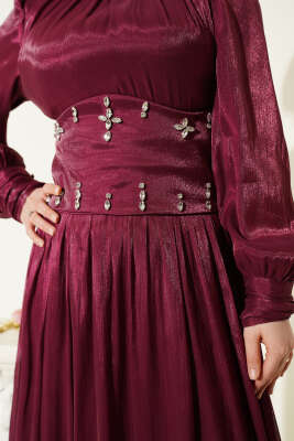 Bel Korse Detaylı Taşlı Abiye Elbise Bordo - Elbise