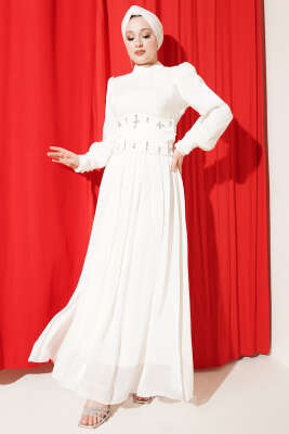 Bel Korse Detaylı Taşlı Abiye Elbise Ekru - BERAT TEKSTİL