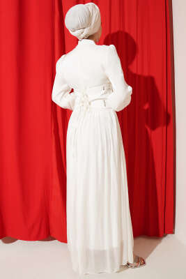 Bel Korse Detaylı Taşlı Abiye Elbise Ekru - Elbise