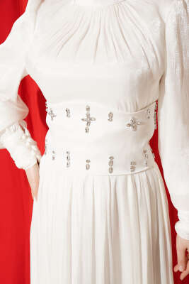 Bel Korse Detaylı Taşlı Abiye Elbise Ekru - Elbise