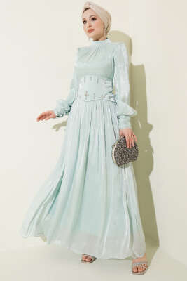 Bel Korse Detaylı Taşlı Abiye Elbise Mint 