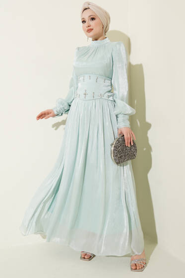 Bel Korse Detaylı Taşlı Abiye Elbise Mint - Elbise