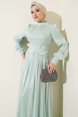 Bel Korse Detaylı Taşlı Abiye Elbise Mint - Elbise