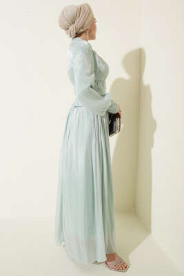 Bel Korse Detaylı Taşlı Abiye Elbise Mint - Elbise