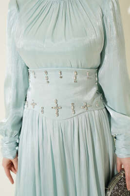 Bel Korse Detaylı Taşlı Abiye Elbise Mint - Elbise