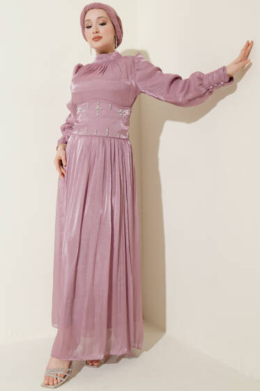 Bel Korse Detaylı Taşlı Abiye Elbise Pudra - Elbise