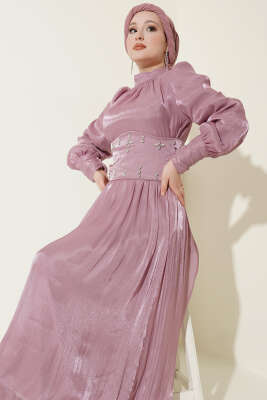 Bel Korse Detaylı Taşlı Abiye Elbise Pudra - Elbise