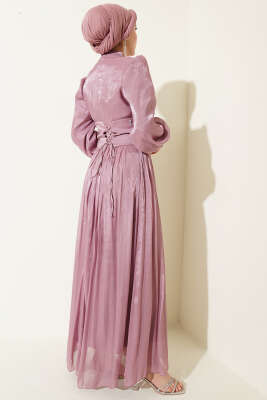 Bel Korse Detaylı Taşlı Abiye Elbise Pudra - Elbise