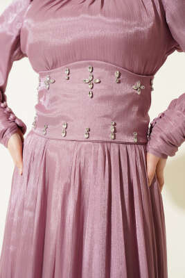 Bel Korse Detaylı Taşlı Abiye Elbise Pudra - Elbise