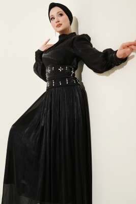 Bel Korse Detaylı Taşlı Abiye Elbise Siyah - BERAT TEKSTİL