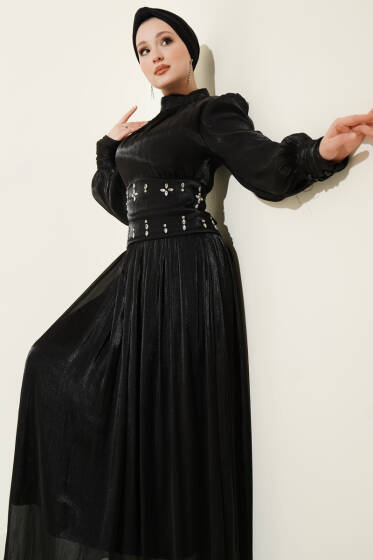 Bel Korse Detaylı Taşlı Abiye Elbise Siyah - Elbise