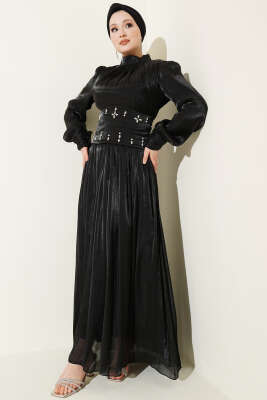 Bel Korse Detaylı Taşlı Abiye Elbise Siyah - Elbise