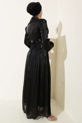 Bel Korse Detaylı Taşlı Abiye Elbise Siyah - Elbise