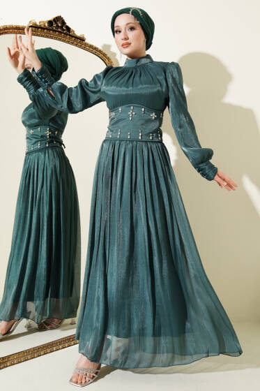 Bel Korse Detaylı Taşlı Abiye Elbise Zümrüt - Elbise