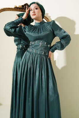 Bel Korse Detaylı Taşlı Abiye Elbise Zümrüt - Elbise